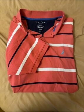 Nautica Coral Striped Polo with Navy & White Accents